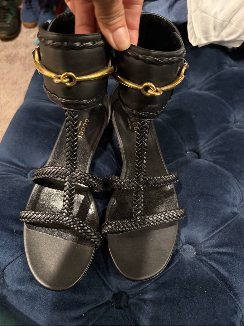 Gucci Black Braided Leather Ankle-Strap Sandals with Gold Horsebit